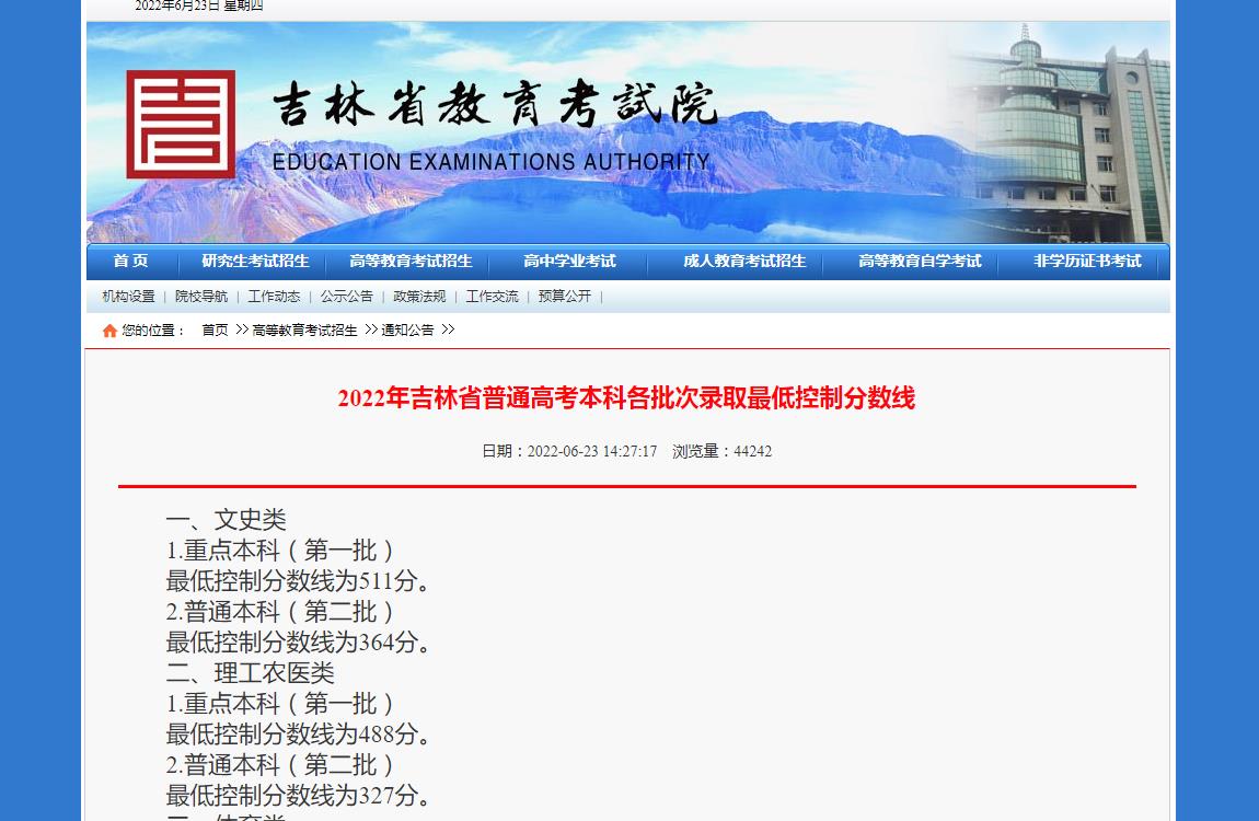 2022吉林高考分数线