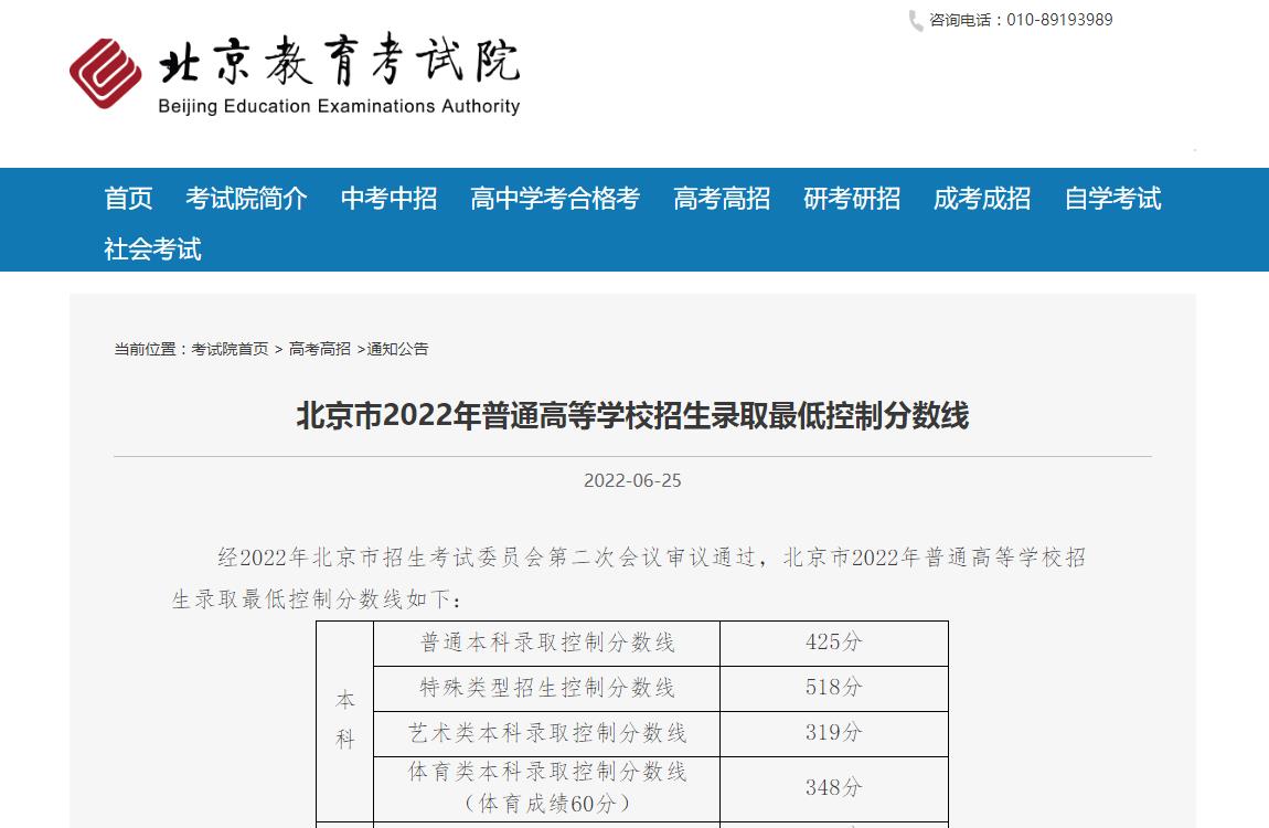 2022北京高考分数线