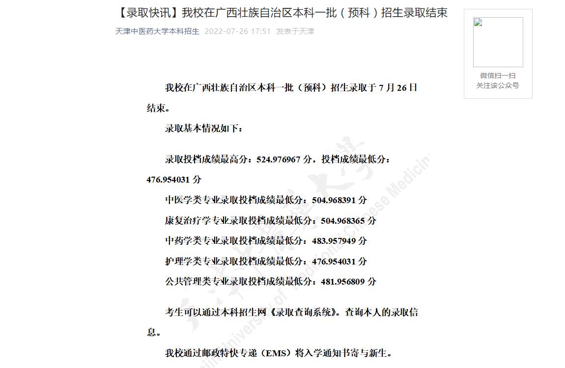 天津中医药大学2022年录取分数线