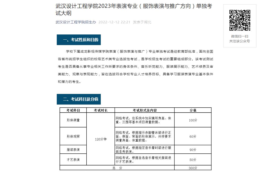 武汉设计工程学院2023年表演专业(服饰表演与推广方向)单独考试大纲