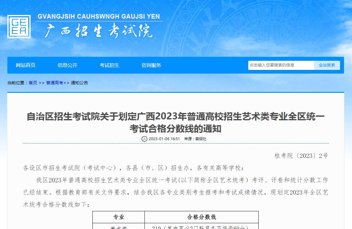 广西2023艺术类统考合格线