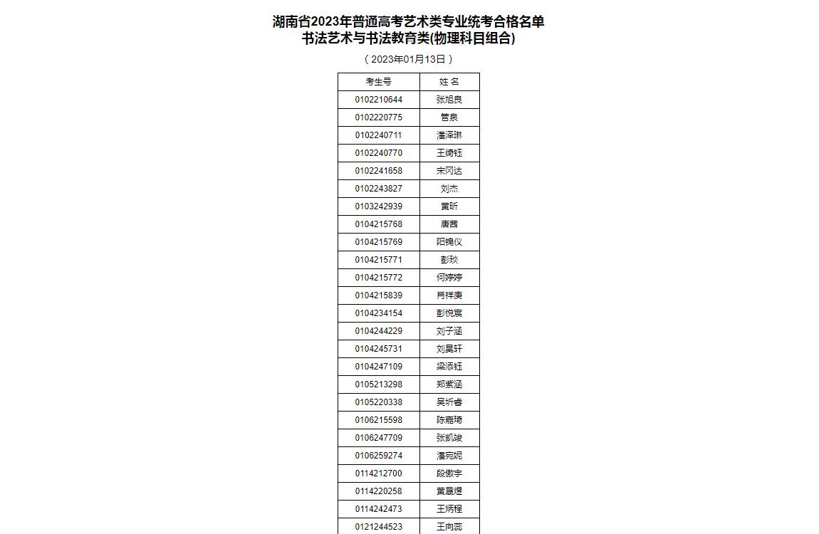 湖南省2023年统考书法类合格名单