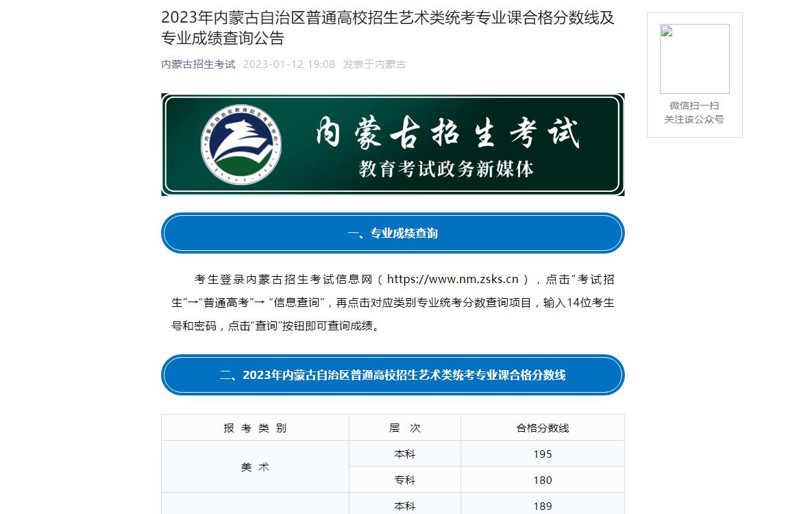 2023年內蒙古藝術類統考專業課合格分數線