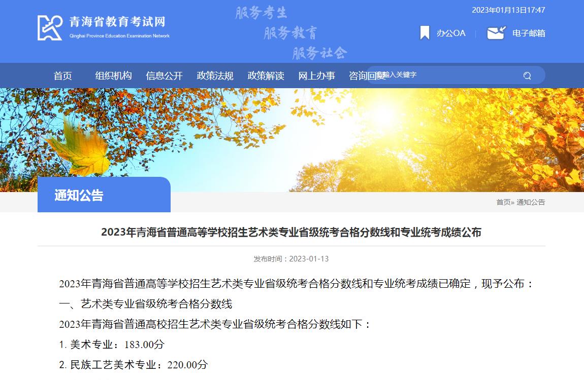 2023青海艺术类统考成绩查询,2023青海艺术类统考合格分数线