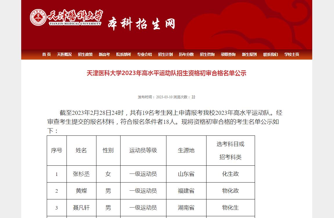 天津医科大学天津医科大学2023年高水平运动队招生资格初审合格名单公示