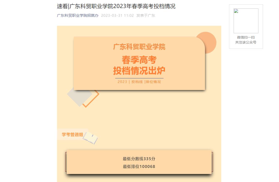 广东科贸职业学院2023年春季高考投档分数线