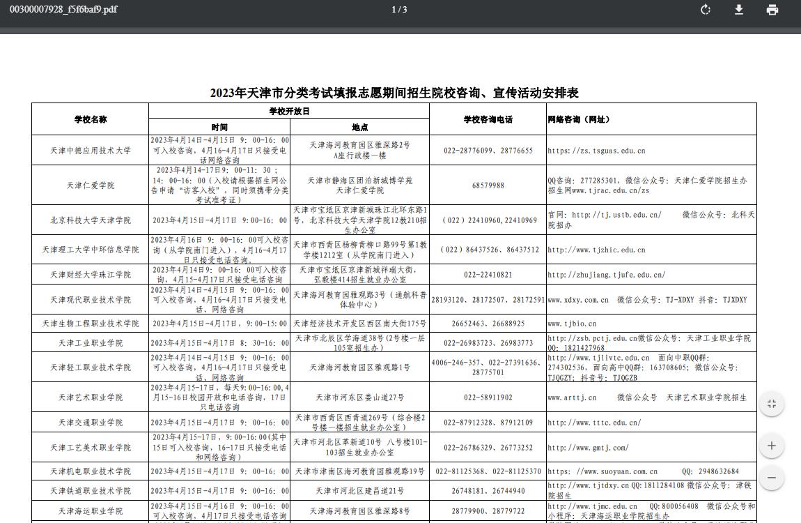 2023年天津市分类考试填报志愿期间招生院校咨询、宣传活动安排表