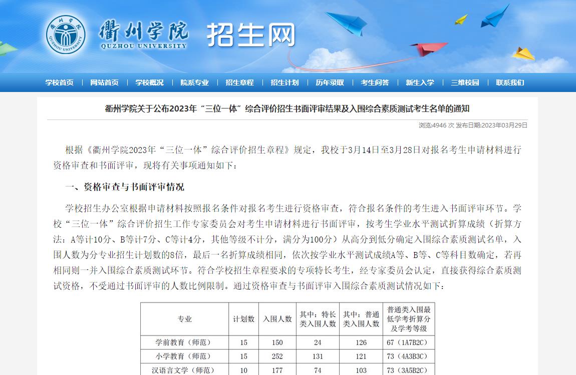 衢州学院关于公布2023年“三位一体”综合评价招生书面评审结果及入围综合素质测试考生名单的通知