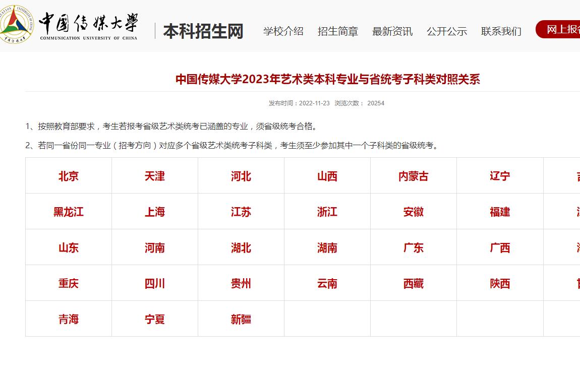 中国传媒大学2023年艺术类本科专业与省统考子科类对照关系