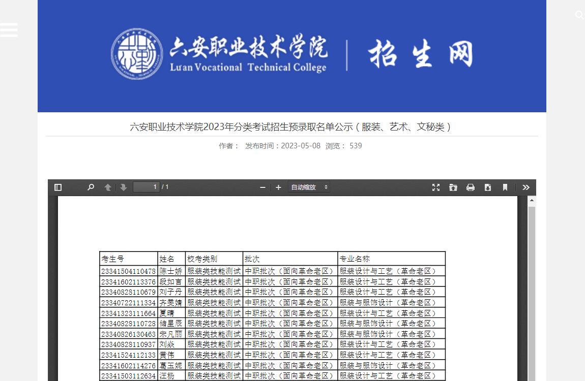 六安职业技术学院2023年分类考试招生预录取名单公示(服装、艺术、文秘类)