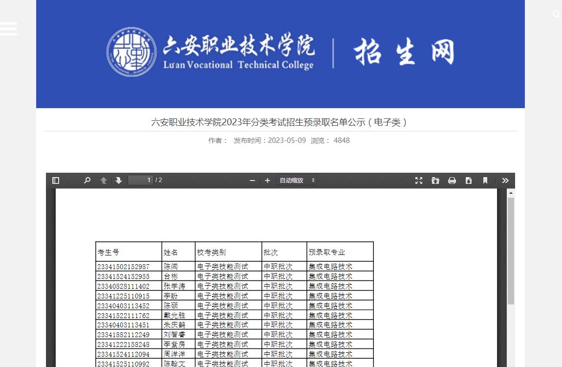六安职业技术学院2023年分类考试招生预录取名单公示(电子类)