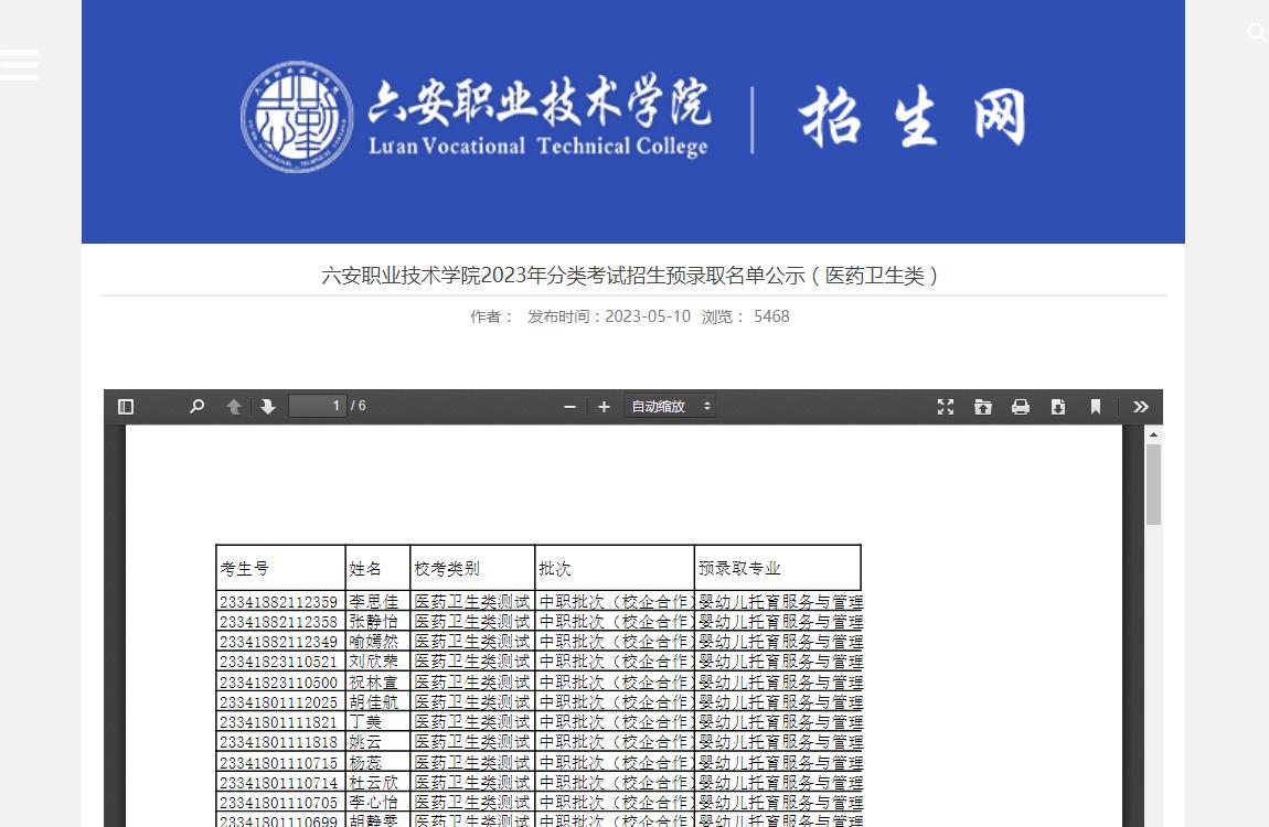 六安职业技术学院2023年分类考试招生预录取名单公示(医药卫生类)