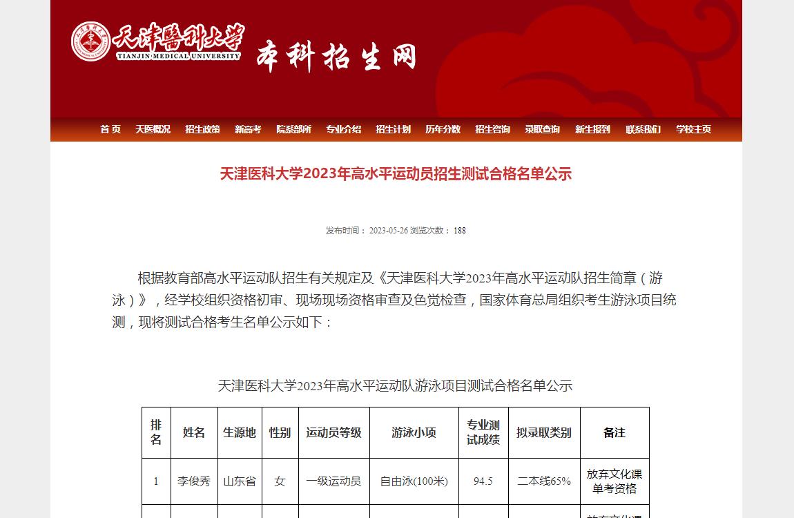 天津医科大学2023年高水平运动员招生测试合格名单公示