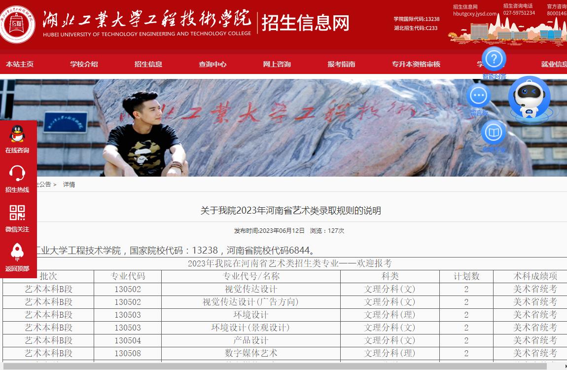 湖北工业大学工程技术学院关于2023年河南省艺术类录取规则的说明