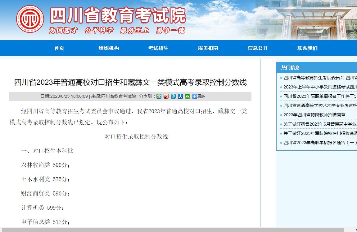四川省2023年普通高校对口招生和藏彝文一类模式高考录取控制分数线