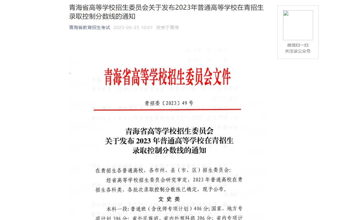 2023年青海高考分数线