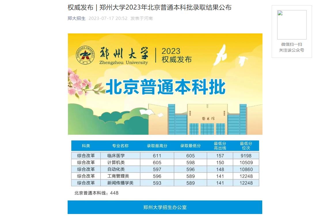 2023年郑州大学普通类录取分数线