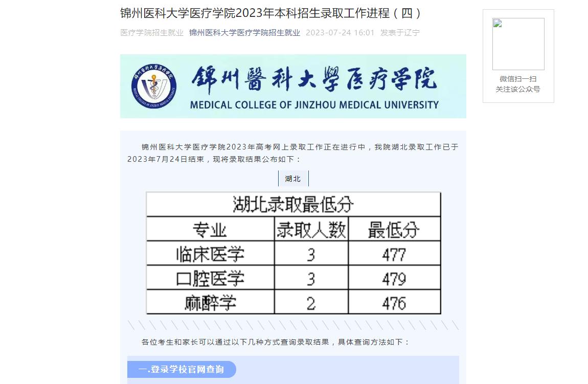 2023年錦州醫科大學醫療學院普通類錄取分數線