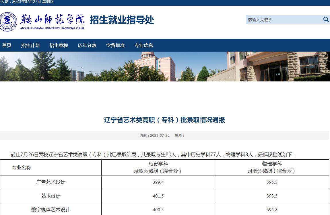 2023年鞍山師范學院藝術類錄取分數線