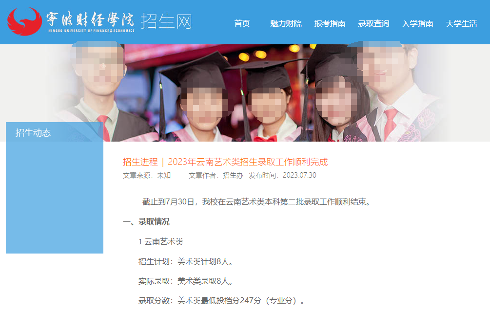 2023年宁波财经学院艺术类录取分数线