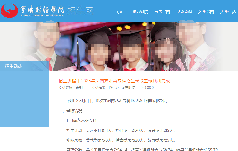 2023年宁波财经学院艺术类录取分数线