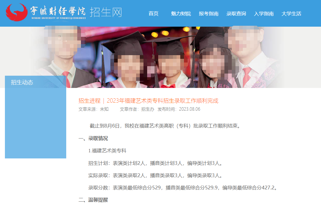 2023年宁波财经学院艺术类录取分数线