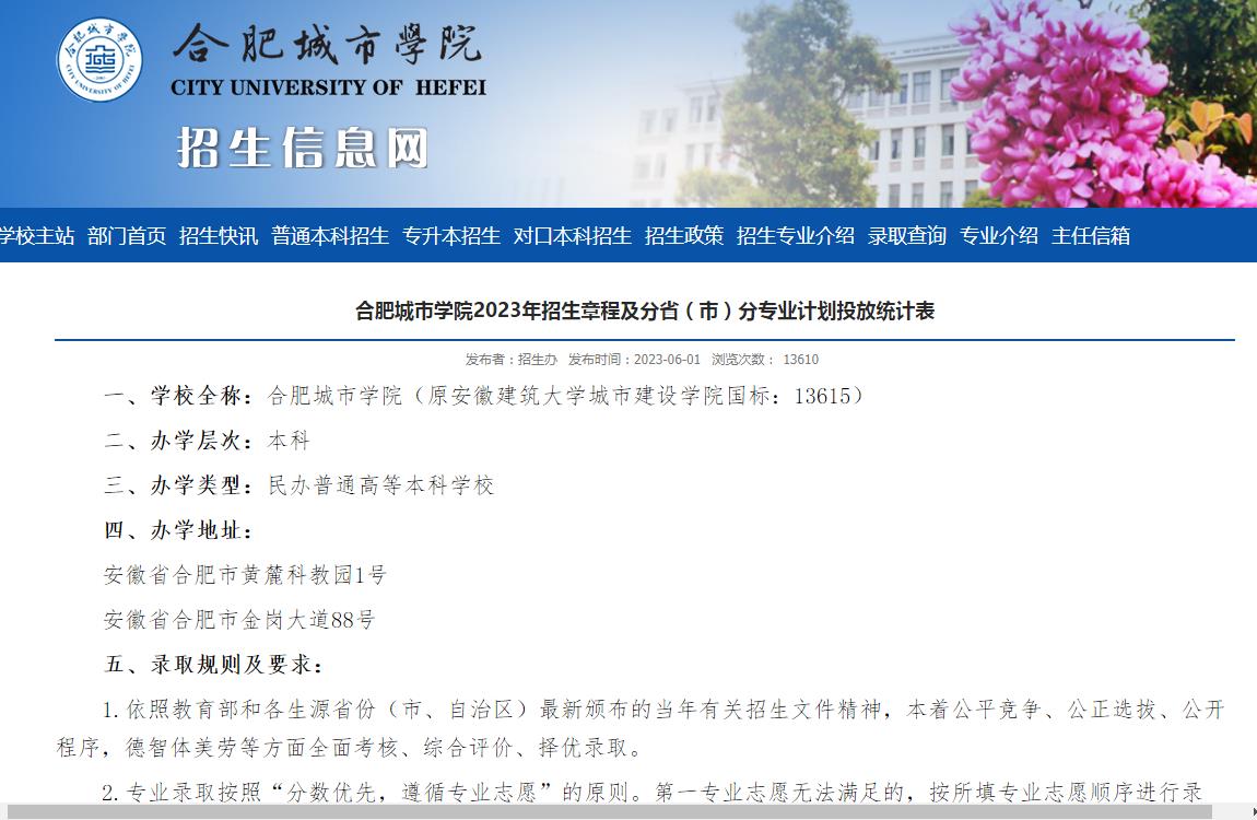 2023年合肥城市学院普通类招生章程