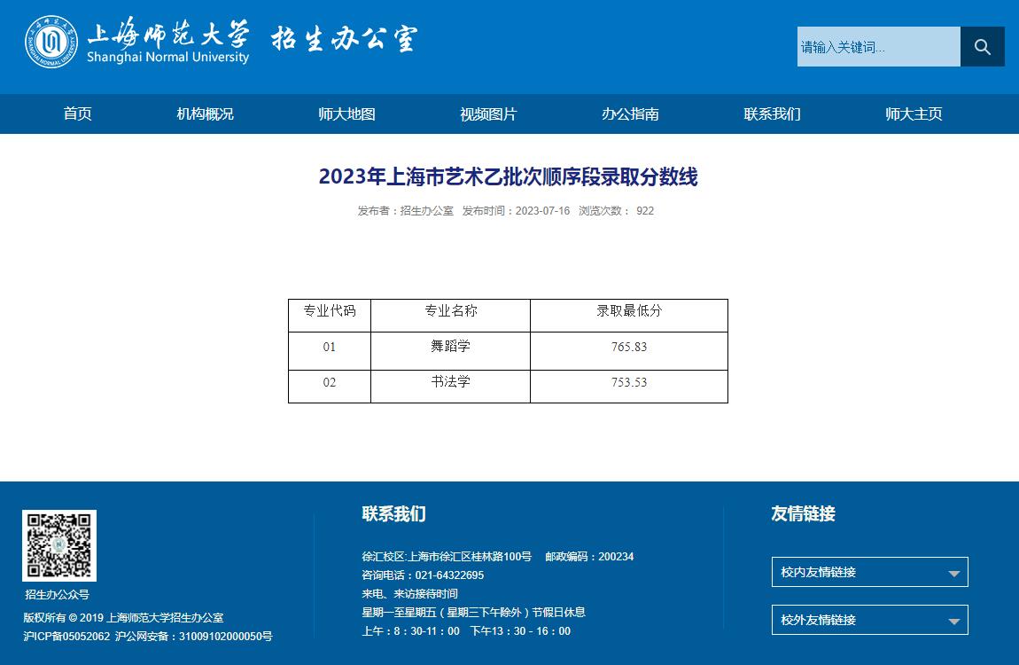 2023年上海师范大学艺术类录取分数线