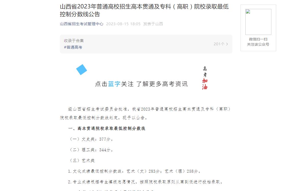 2023年山西高考分数线