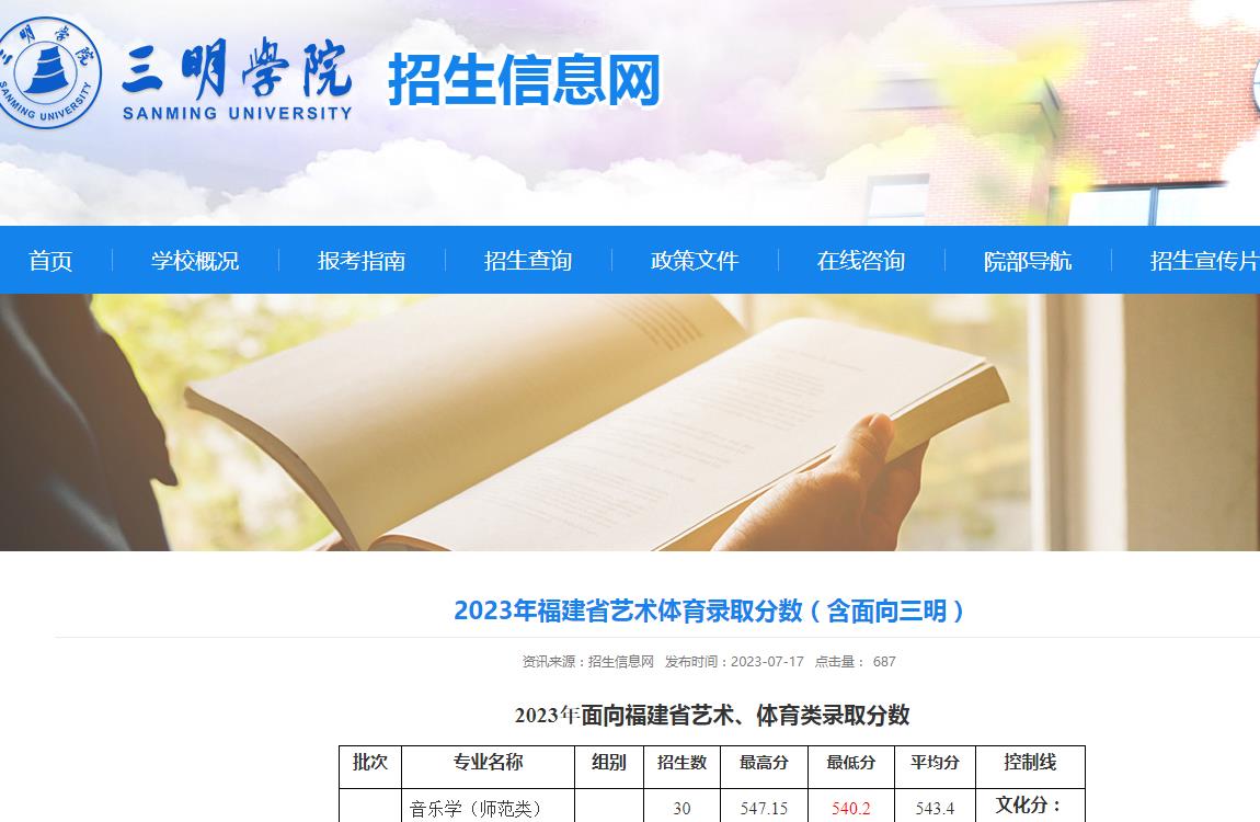 2023年三明學院藝術類錄取分數線