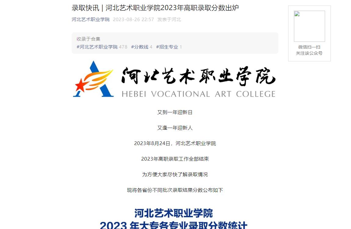 2023年河北艺术职业学院艺术类录取分数线