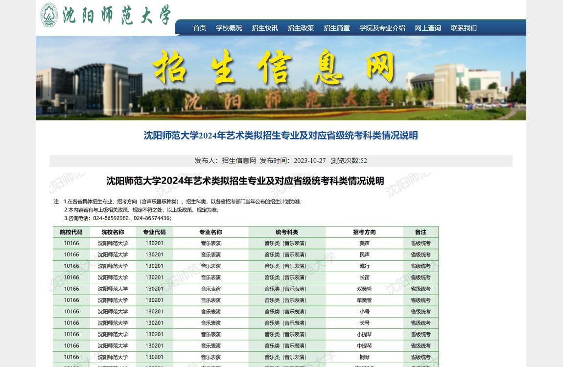 沈陽師范大學2024年藝術類擬招生專業及對應省級統考科類情況說明