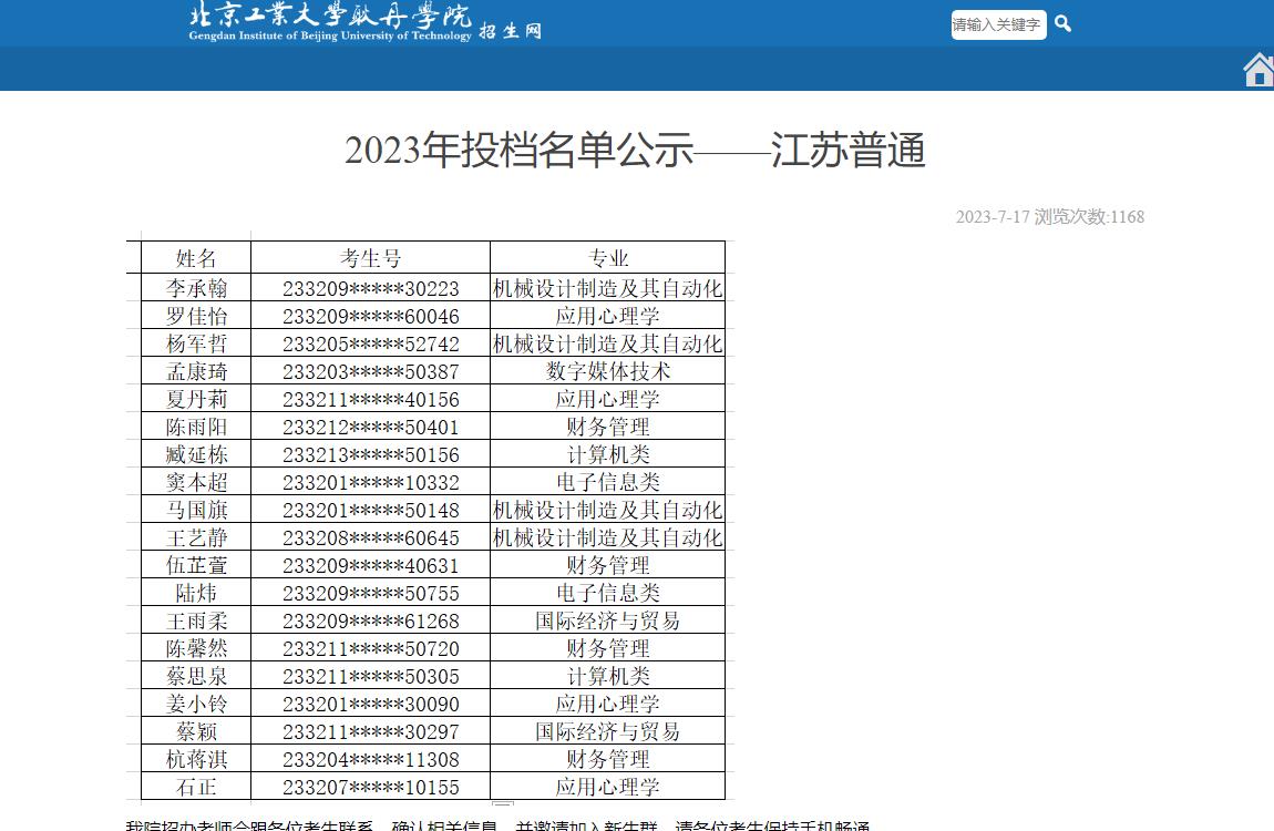 2023年北京工业大学耿丹学院录取查询
