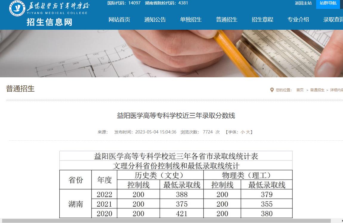 2020年益阳医学高等专科学校普通类录取分数线